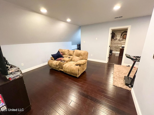 sitting room with visible vents, recessed lighting, baseboards, vaulted ceiling, and hardwood / wood-style flooring