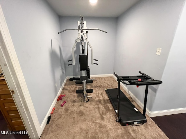 workout room featuring baseboards and carpet flooring