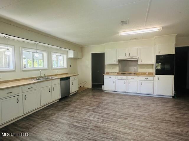1561 Section Line Rd, Picayune, MS 39466 - kitchen with stainless steel dishwasher, black oven, a sink, under cabinet range hood, and white cabinetry
