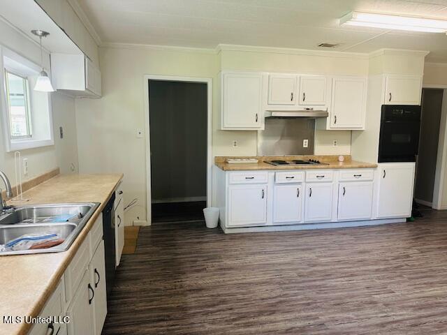 1561 Section Line Rd, Picayune, MS 39466 - kitchen with black appliances, a sink, dark wood-style floors, under cabinet range hood, and white cabinetry