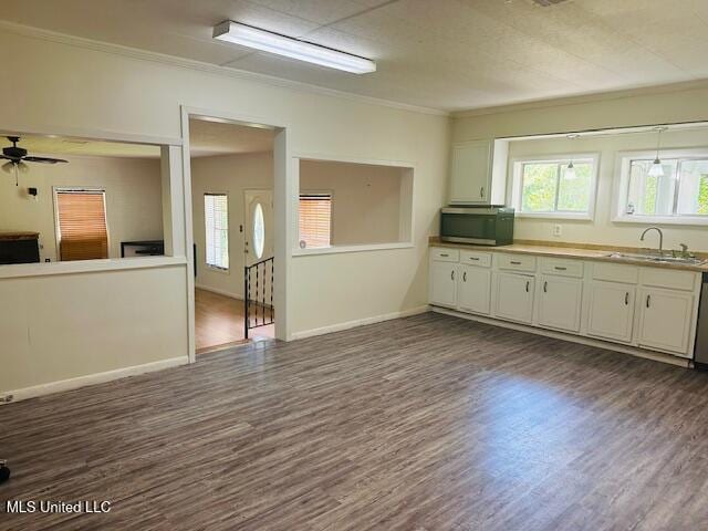 1561 Section Line Rd, Picayune, MS 39466 - kitchen with a sink, crown molding, dark wood-style floors, healthy amount of natural light, and white cabinetry