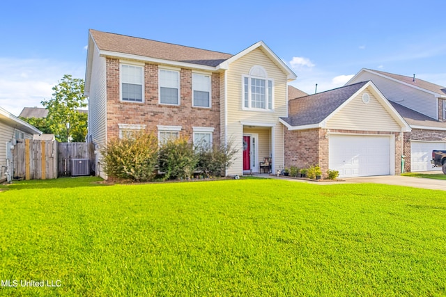 view of front of house featuring an attached garage, brick siding, a front yard, and central air condition unit