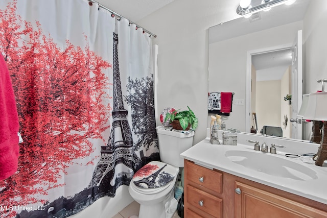 full bathroom with vanity, toilet, and shower / bath combination with curtain