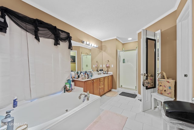 full bath with tile patterned flooring, vanity, crown molding, a garden tub, and a stall shower