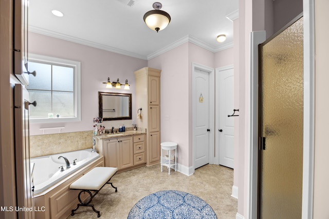 bathroom featuring vanity, ornamental molding, and shower with separate bathtub