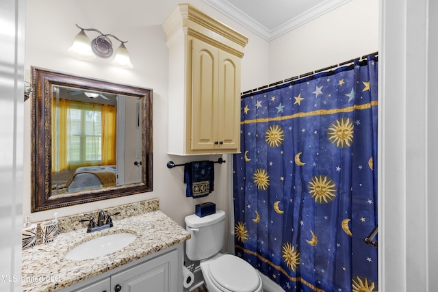 bathroom featuring toilet, ornamental molding, curtained shower, and vanity