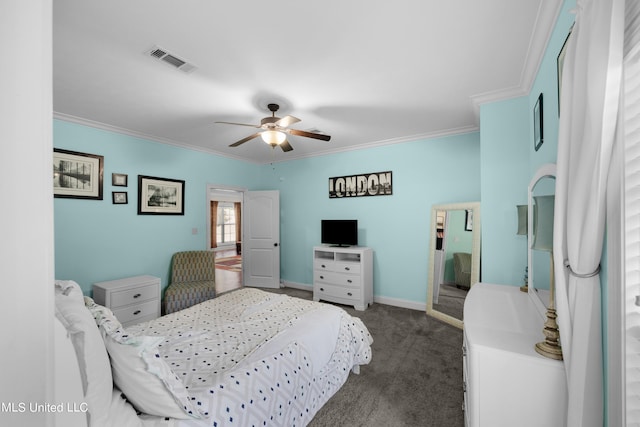 bedroom featuring ceiling fan, crown molding, and dark carpet