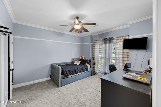 bedroom with ornamental molding, light colored carpet, and ceiling fan