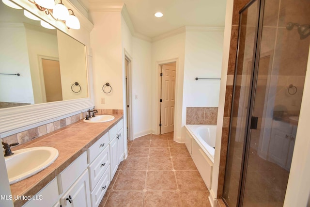 bathroom featuring vanity, plus walk in shower, ornamental molding, and tile patterned floors