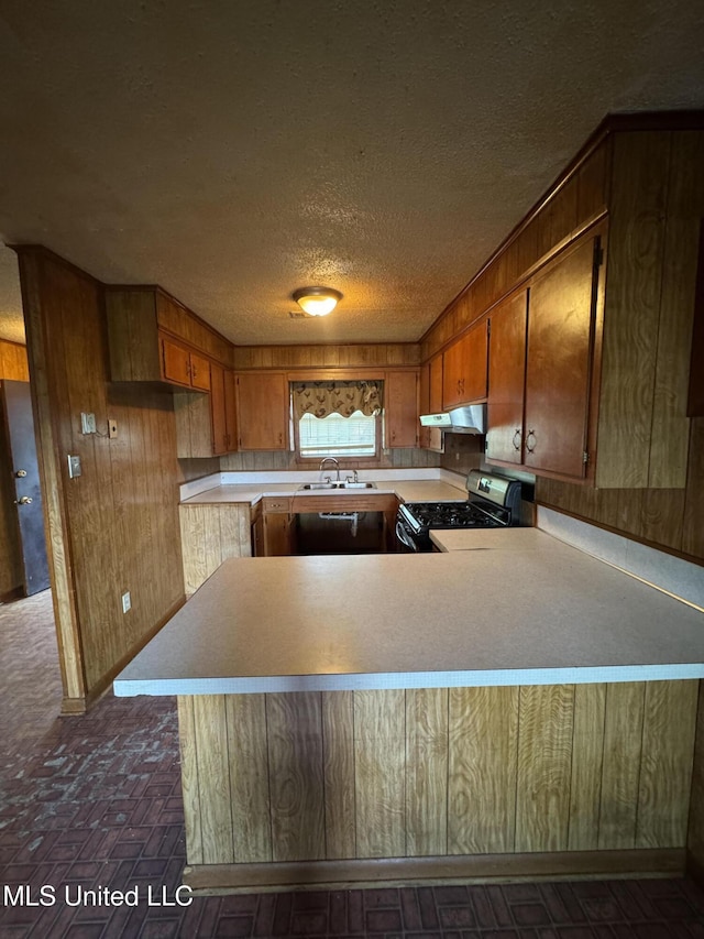 704 Oak Ave, Ruleville, MS 38771 - kitchen with stainless steel gas range oven, under cabinet range hood, a sink, a peninsula, and a textured ceiling