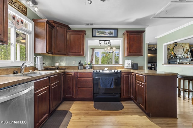 4620 Holly Heath Dr, Gautier, MS 39553 - kitchen featuring stainless steel dishwasher, black electric range oven, a sink, ornamental molding, and a peninsula