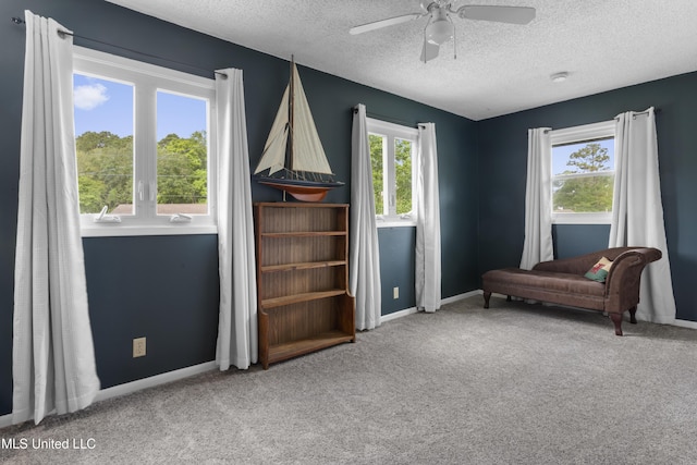 4620 Holly Heath Dr, Gautier, MS 39553 - living area with a ceiling fan, a textured ceiling, carpet, and baseboards
