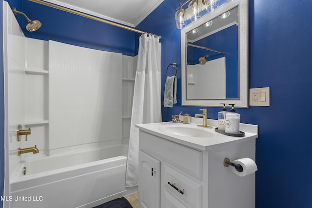 4620 Holly Heath Dr, Gautier, MS 39553 - full bathroom featuring shower / bath combo, vanity, and ornamental molding