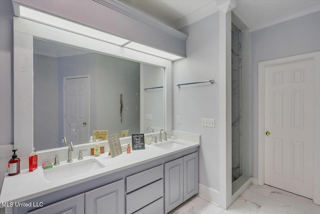 138 Oak Ridge Cir, Madison, MS 39110 - bathroom featuring marble look tile flooring, double vanity, a stall shower, ornamental molding, and baseboards