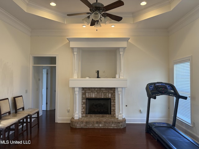 341 Austin Cir, Brandon, MS 39047 - workout room featuring a tray ceiling, wood finished floors, healthy amount of natural light, ceiling fan, and ornamental molding