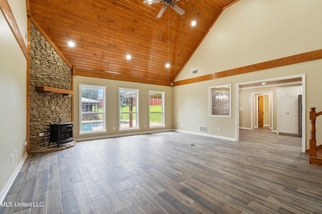 241 Cowtown Rd, Senatobia, MS 38668 - unfurnished living room featuring high vaulted ceiling, a ceiling fan, a wood stove, wood ceiling, and wood finished floors