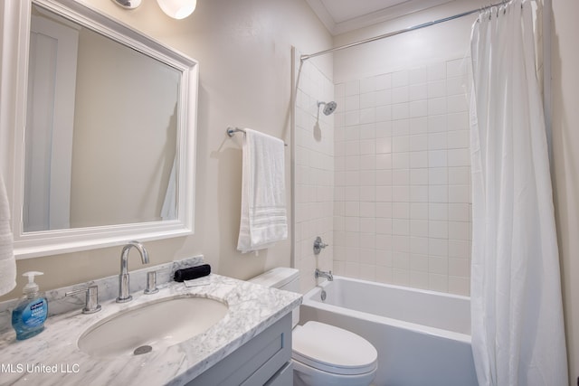 bathroom with crown molding, toilet, vanity, and shower / bath combination with curtain