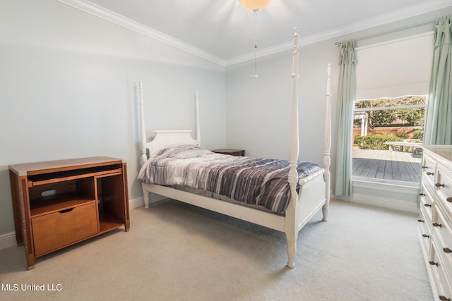 carpeted bedroom with crown molding