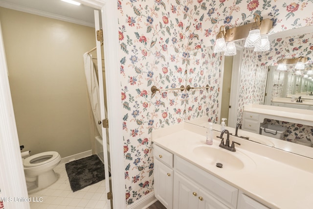 full bathroom with toilet, shower / bath combo with shower curtain, vanity, ornamental molding, and tile patterned flooring