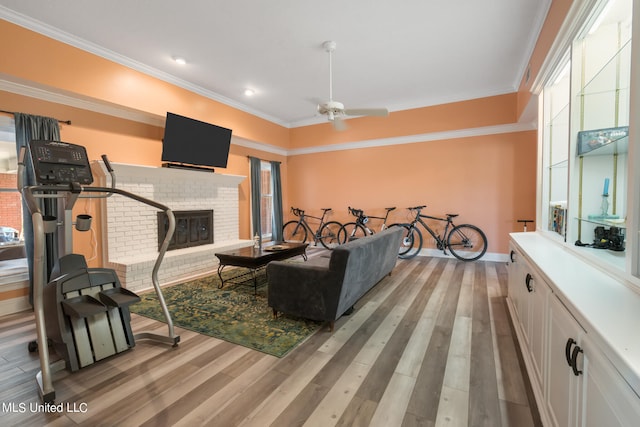 living room with a fireplace, plenty of natural light, light hardwood / wood-style floors, ceiling fan, and crown molding