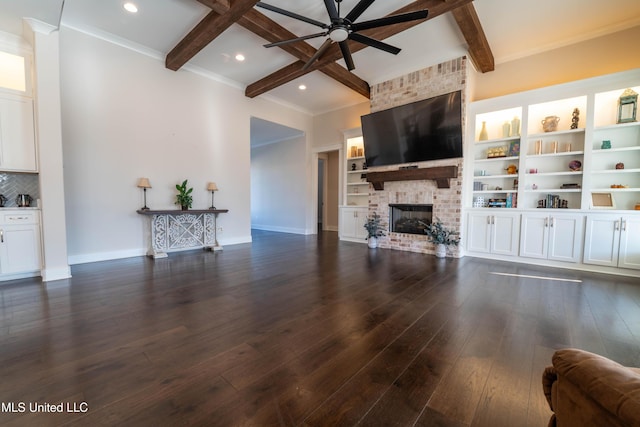 living room featuring coffered ceiling, beam ceiling, dark hardwood / wood-style floors, and a fireplace