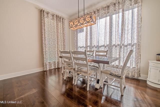 dining space with ornamental molding and dark hardwood / wood-style flooring