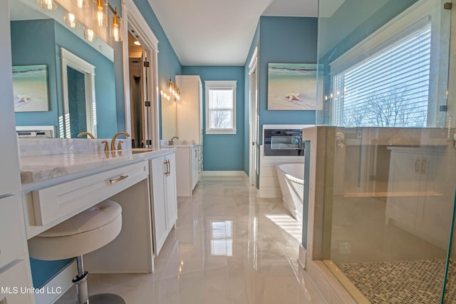 bathroom featuring vanity and plus walk in shower