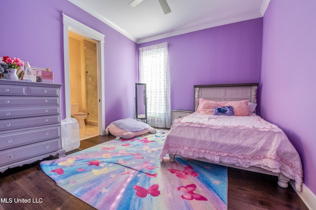 bedroom featuring ceiling fan, ensuite bathroom, crown molding, and dark wood-type flooring