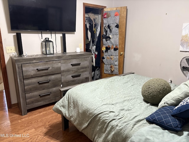 bedroom with a closet, wood finished floors, and a spacious closet