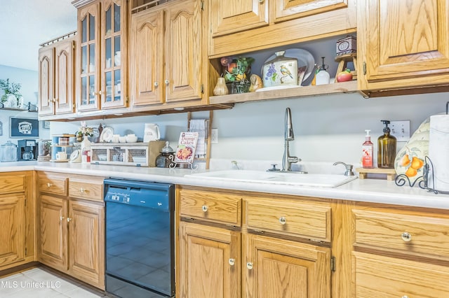 kitchen featuring dishwasher, a sink, open shelves, light countertops, and light tile patterned floors