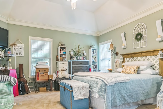 bedroom featuring carpet floors and crown molding