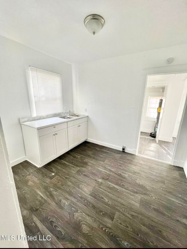 unfurnished dining area with sink and dark wood-type flooring