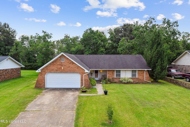 single story home featuring concrete driveway, brick siding, a front yard, and a garage
