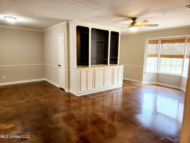 unfurnished living room featuring crown molding, concrete flooring, and ceiling fan