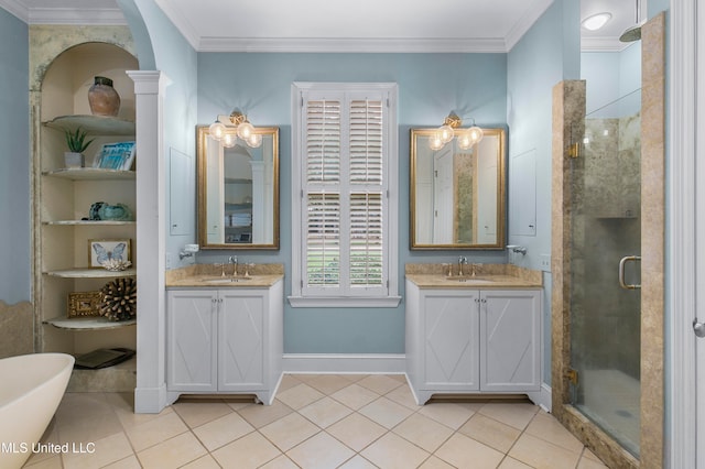 bathroom with independent shower and bath, vanity, tile patterned flooring, and ornamental molding