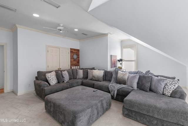 carpeted living room featuring ceiling fan and crown molding