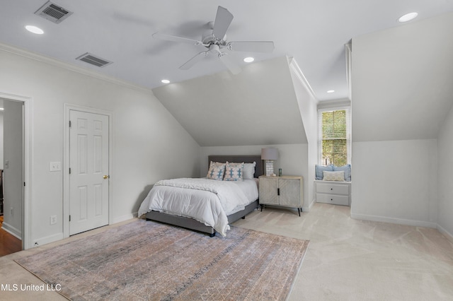 carpeted bedroom featuring lofted ceiling and ceiling fan