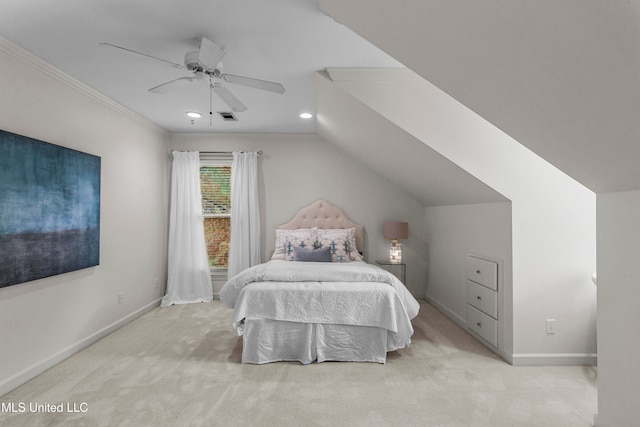 bedroom featuring ceiling fan, light carpet, lofted ceiling, and ornamental molding