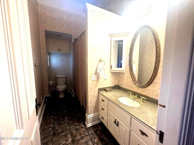 751 S Main St, Grenada, MS 38901 - bathroom featuring toilet, vanity, baseboards, stone finish floors, and a shower with curtain