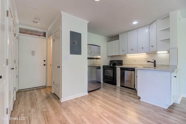 kitchen with white cabinets, electric panel, light hardwood / wood-style flooring, sink, and stainless steel appliances