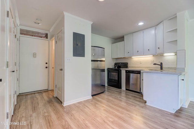 229 Lakeside Villa Unit E, Diamondhead, MS 39525 - kitchen with crown molding, open shelves, a sink, stainless steel appliances, and electric panel
