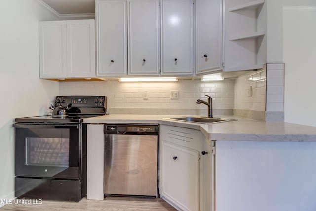 229 Lakeside Villa Unit E, Diamondhead, MS 39525 - kitchen featuring open shelves, black range with electric cooktop, white cabinets, tasteful backsplash, and dishwasher