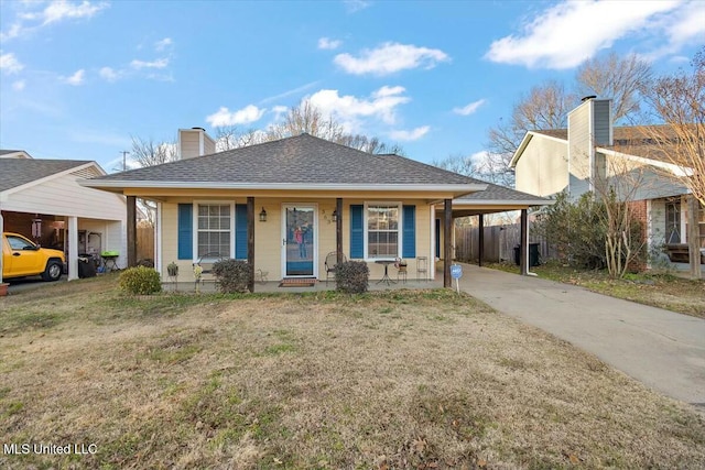 single story home with cooling unit, a front lawn, a carport, and a porch