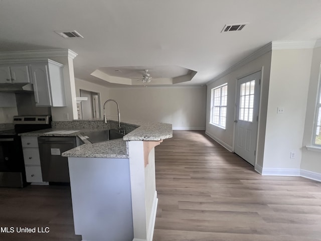 1620 Porpoise St, Ocean Springs, MS 39564 - kitchen with a sink, electric stove, a peninsula, dishwasher, and a tray ceiling