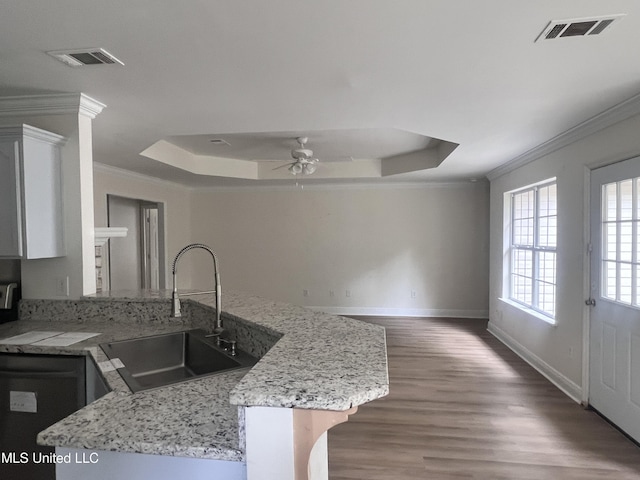 1620 Porpoise St, Ocean Springs, MS 39564 - kitchen featuring a sink, crown molding, a tray ceiling, a peninsula, and baseboards