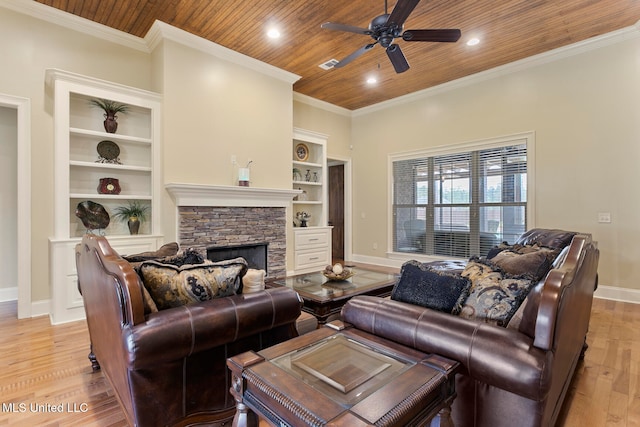 living room with wood ceiling, built in features, and light hardwood / wood-style floors