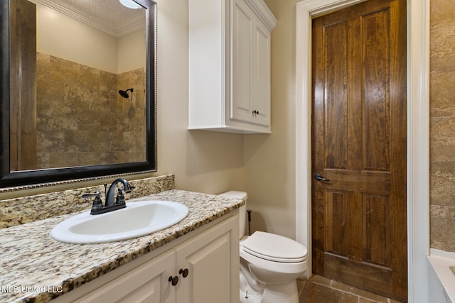 full bathroom with vanity, ornamental molding, shower with separate bathtub, and toilet