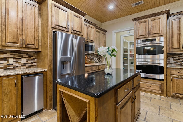 kitchen with appliances with stainless steel finishes, wood ceiling, and decorative backsplash