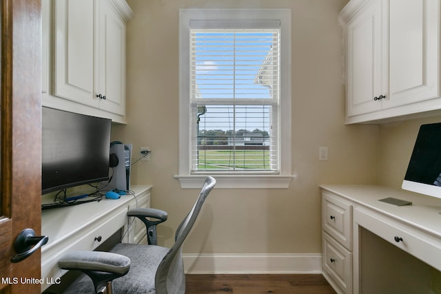 home office with dark hardwood / wood-style floors