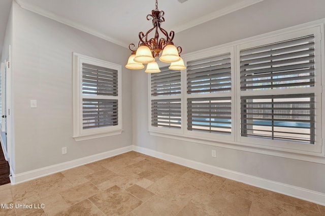 unfurnished dining area featuring a notable chandelier and crown molding